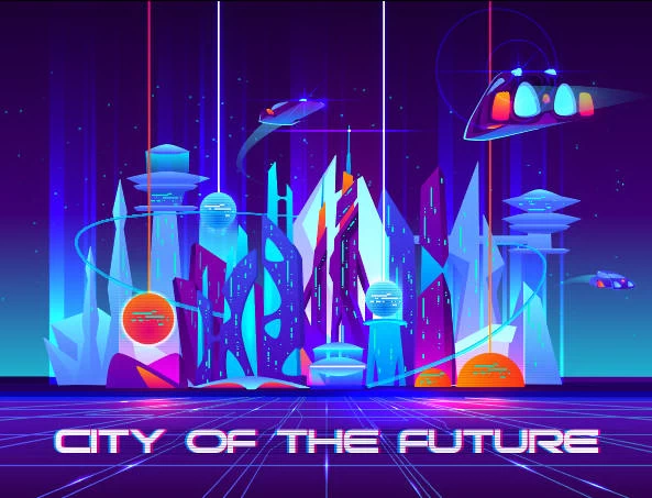 未来科技科幻霓虹灯渐变绚丽城市建筑夜景灯光插画AI/PSD设计素材100套【089】